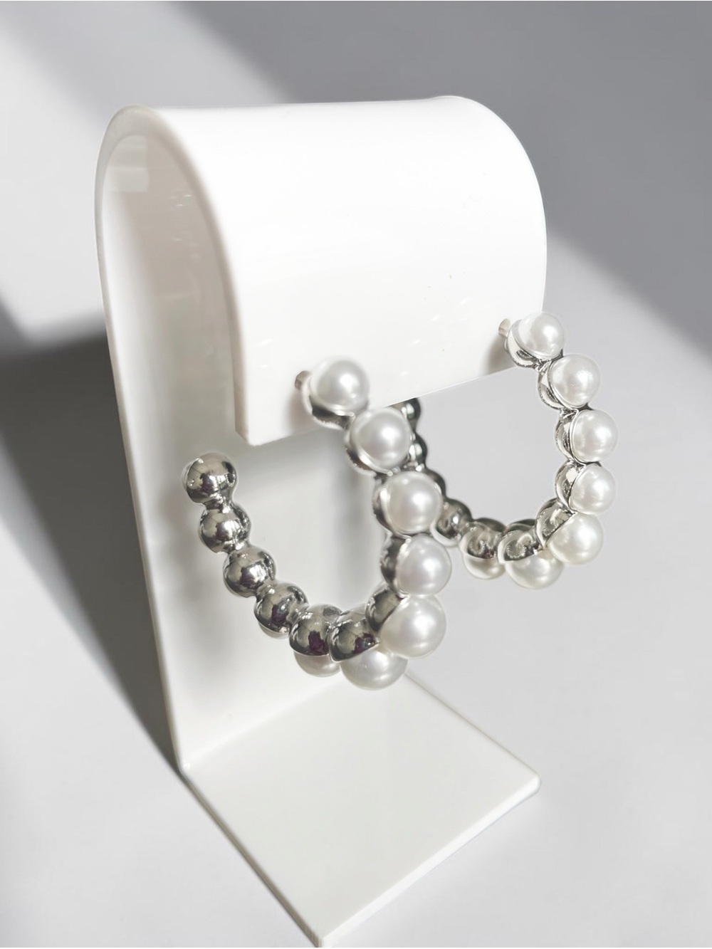 Silver Pearl Bead Hoop Earrings
